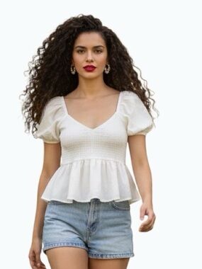 Aeropostale White Smocked Babydoll Crop Top - Soft & Feminine - Size L